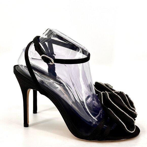 Arezzo Ivy High Stiletto Sandal Size 10B Black Satin Flower Rhinestone Accent - Picture 3 of 15